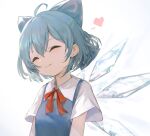  1girl ^_^ ahoge bangs blue_dress blue_hair blush bow cirno closed_eyes collared_shirt commentary dress eyebrows_visible_through_hair facing_viewer hair_between_eyes hair_bow heart highres ice ice_wings neck_ribbon red_ribbon ribbon shirt short_hair short_sleeves simple_background siyumu smile solo touhou upper_body white_background white_shirt wings 