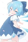  1girl bangs blue_bow blue_dress blue_eyes blue_hair bow burumanoeat cirno dress from_side hair_bow highres ice ice_wings looking_at_viewer open_mouth short_hair short_sleeves touhou wings 