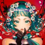  1girl absurdres bangs bare_shoulders champi choker close-up face flower gloves green_eyes green_hair hair_flower hair_ornament hairband hand_on_own_chin hand_up highres jewelry open_mouth original petals portrait ribbon ribbon_choker ring short_hair solo 