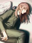  1boy angel_devil_(chainsaw_man) angel_wings black_jacket black_necktie brown_hair business_suit chainsaw_man champi collared_shirt demon feathered_wings formal hair_between_eyes halo highres jacket long_hair necktie pants shirt solo suit white_background white_shirt white_wings wings 