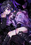  1boy androgynous black_background black_hair boots colored_tips ear_piercing earrings eita_789 highres jewelry multicolored_hair nail_polish original otoko_no_ko piercing purple_hair short_hair solo thigh-highs thigh_boots violet_eyes 