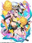  1girl balloon battery bra cheerleader colorful confetti grey_hair heart holding looking_at_viewer navel one_eye_closed pink_eyes pom_poms ribbon short_shorts smile solo star stomach sun_hat sweat teeth thighs 