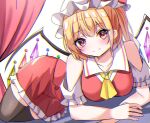  1girl blonde_hair blush crystal flandre_scarlet hat highres kiui_(dagk8254) looking_at_viewer mob_cap red_eyes ribbon short_hair solo touhou wings 