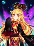  1girl black_dress black_headwear china_dress chinese_clothes closed_mouth dress eyebrows_visible_through_hair junko_(touhou) long_hair orange_hair phoenix_crown raptor7 red_eyes sleeves_past_fingers sleeves_past_wrists smile solo tabard touhou upper_body wide_sleeves younger 