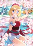  1girl arm_up bangs blonde_hair blue_eyes blush bracelet cherry_blossoms commentary_request eevee eyelashes flower glaceon hair_between_eyes hairband haru_(haruxxe) highres holding holding_flower irida_(pokemon) jewelry looking_at_viewer pink_flower pokemon pokemon_(creature) pokemon_(game) pokemon_legends:_arceus red_hairband red_shirt sash shiny shiny_hair shirt short_hair shorts sitting strapless strapless_shirt water water_drop 
