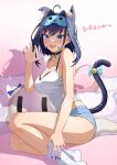  1girl :d absurdres ahoge animal_ear_fluff animal_ears bangom_r bangs bare_legs bell blue_eyes blue_hair blue_nails blue_shorts blush bow bow_earrings breasts cat_ears cat_tail cellphone earrings extra_ears eyebrows_visible_through_hair hair_intakes highres holding holding_phone hololive hololive_english iphone jewelry jingle_bell looking_at_viewer medium_breasts nail_polish on_bed ouro_kronii phone pillow shirt short_shorts shorts sleeveless sleeveless_shirt smartphone smile socks solo tail tail_bell tail_bow tail_ornament tail_raised virtual_youtuber white_legwear white_shirt 