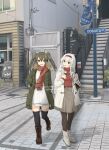  2girls black_legwear boots brown_footwear brown_scarf coat commentary_request cross-laced_footwear dress full_body green_coat grey_skirt highres kantai_collection lace-up_boots looking_at_viewer multiple_girls official_alternate_costume orikoshi_shino pantyhose photo_background pleated_skirt red_sweater ribbed_dress scarf shoukaku_(kancolle) sign skirt standing sweater sweater_vest thigh-highs white_coat white_dress white_footwear zuikaku_(kancolle) 