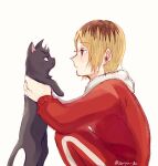  1610aoi 1boy animal animalization black_cat blonde_hair cat eyebrows_visible_through_hair haikyuu!! holding holding_animal holding_cat kozume_kenma kuroo_tetsurou looking_at_animal male_focus multicolored_hair simple_background track_suit twitter_username two-tone_hair white_background 