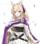  1girl :d animal_ear_fluff animal_ears arknights bangs bare_shoulders belt black_belt blonde_hair blue_eyes cape confetti cowboy_shot dress eyebrows_visible_through_hair gloves hand_on_hip highres long_hair long_sleeves looking_at_viewer official_alternate_costume open_mouth raw_egg_lent simple_background smile solo standing whislash_(arknights) whislash_(glory_purple)_(arknights) white_background white_dress white_gloves 