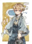  1boy absurdres blonde_hair blue_eyes blue_skirt border brown_kimono character_request closed_mouth commentary_request copyright_request cowboy_shot hakama hakama_skirt haori highres iwai_ku_tsuki japanese_clothes kimono looking_at_viewer male_focus painting_(medium) short_hair skirt sparkle traditional_media watercolor_(medium) white_border yellow_background 