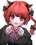 1girl absurdres animal_ears black_bow blush bow braid cat_ears dress fangs gradient gradient_background hair_bow highres kaenbyou_rin long_sleeves looking_at_viewer nail_polish open_mouth paw_pose red_eyes red_nails redhead smile solo touhou twin_braids upper_body white_background 