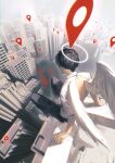  1boy angel_wings arm_support black_hair black_pants building city collared_shirt commentary day english_commentary facing_away feathered_wings full_body google_maps halo highres ishida_(segu_ishida) male_focus on_roof original outdoors pants shirt shoes short_hair short_sleeves sitting sneakers solo white_footwear white_shirt wings 