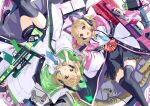  2girls blonde_hair blue_archive bow cat_ear_headphones chamu_(chammkue) controller from_above game_controller green_eyes gun hair_bow halo headphones highres holding holding_weapon jacket lying midori_(blue_archive) momoi_(blue_archive) multiple_girls necktie nintendo_switch on_back pink_eyes pleated_skirt rifle shirt short_hair siblings sisters skirt twins weapon 