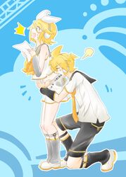  ^^^ arched_back arm_warmers bare_shoulders blonde_hair blue_background blue_eyes blush bockdog bow collar detached_sleeves fang fortissimo grey_collar grey_sleeves hair_bow hair_ornament hairclip headphones hug kagamine_len kagamine_len_(vocaloid4) kagamine_rin kagamine_rin_(vocaloid4) kiss kissing_back kneeling leg_warmers midriff necktie sailor_collar shirt shorts skin_fang sleeveless sleeveless_shirt surprise_kiss surprised v4x vocaloid waist_hug wide-eyed yellow_necktie 