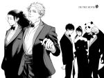  1girl 5boys covering_mouth forehead formal getou_suguru gojou_satoru inumaki_toge jujutsu_kaisen mask monochrome mouth_mask multiple_boys mztm_juju okkotsu_yuuta panda panda_(jujutsu_kaisen) round_eyewear side_slit simple_background suit zen&#039;in_maki 