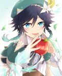  1boy androgynous apple bangs beret black_hair blue_hair blurry blurry_background blush bow braid bug butterfly cape collared_cape collared_shirt commentary_request dated eyebrows_visible_through_hair falling_leaves flower food frilled_sleeves frills fruit genshin_impact gradient_hair green_cape green_eyes green_headwear hat hat_flower highres holding holding_food holding_fruit leaf light_particles long_sleeves looking_at_viewer male_focus miroka multicolored_hair open_mouth shirt short_hair_with_long_locks side_braids sidelocks smile solo sparkle twin_braids venti_(genshin_impact) white_flower white_shirt 