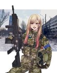  1girl :d absurdres alternate_costume bare_tree blonde_hair blush building camouflage clouds commentary ear_piercing flag goggles gradient_hair gun headwear_removed helmet helmet_removed highres kitagawa_marin korzinka_persikiv long_hair looking_at_viewer magazine_(weapon) military military_uniform multicolored_hair open_mouth outdoors piercing red_eyes rifle ruins sky smile sniper_rifle solo sono_bisque_doll_wa_koi_wo_suru standing tree ukrainian_flag uniform walkie-talkie weapon 
