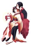  1boy 1girl black_hair eyeshadow highres hoicyo holding_hands hoozuki_(hoozuki_no_reitetsu) hoozuki_no_reitetsu horns japanese_clothes makeup mole mole_under_eye on_lap oni_horns peach_maki short_hair 