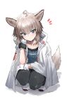  1girl ahoge animal_ear_fluff animal_ears arknights bangs black_legwear blue_eyes blue_shirt blush brown_hair closed_mouth collarbone eyebrows_visible_through_hair fox_ears fox_girl fox_tail full_body gloves hair_between_eyes hand_up highres infection_monitor_(arknights) jacket looking_at_viewer notice_lines pantyhose raw_egg_lent shadow shirt shoes solo squatting sussurro_(arknights) tail white_background white_footwear white_gloves white_jacket 