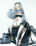  1girl arknights asymmetrical_legwear aurora_(arknights) barefoot blue_background blue_eyes boots bra breasts commentary_request crate croquette_crab hair_over_one_eye headband highres long_hair long_sleeves looking_at_viewer midriff_peek silver_hair simple_background sitting solo underwear white_hair 