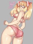  1girl agawa_ryou ass ass_focus bangs blonde_hair blunt_bangs bow bra breasts cowboy_shot dated english_commentary from_behind from_below glasses gradient_hair grey_background hair_bow long_hair looking_at_viewer looking_back multicolored_hair open_mouth original panties pink_bra pink_eyes pink_panties semi-rimless_eyewear shiny shiny_hair shiny_skin sideboob sidelocks signature simple_background solo standing thighs twintails underwear underwear_only 