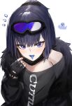  1girl andreana_(arknights) arknights bangs bare_shoulders black_gloves black_hair black_jacket blue_tongue colored_tongue eyebrows_visible_through_hair fingerless_gloves fur-trimmed_jacket fur_trim gloves goggles goggles_on_head hair_between_eyes highres jacket long_sleeves looking_at_viewer notice_lines octopus off_shoulder open_clothes open_jacket ponytail puffy_long_sleeves puffy_sleeves raw_egg_lent shirt simple_background solo tongue tongue_out upper_body violet_eyes white_background white_shirt 