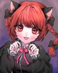  1girl absurdres animal_ears black_bow blush bow braid cat_ears dress fangs hair_bow highres kaenbyou_rin long_sleeves looking_at_viewer nail_polish open_mouth paw_pose red_eyes red_nails redhead smile solo touhou twin_braids upper_body 