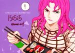  1boy :t black_eyes bracer chopsticks diavolo eating fishnet_top fishnets food food_in_mouth food_on_face jojo_no_kimyou_na_bouken lipstick long_hair makeup male_focus pink_hair polka_dot_hair solo sushi tianel_ent vento_aureo 