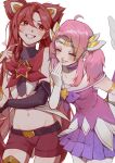  2girls alternate_costume alternate_hair_color alternate_hairstyle bare_shoulders blush breasts choker closed_eyes elbow_gloves fingerless_gloves flat_chest gloves hair_ornament highres jinx_(league_of_legends) league_of_legends long_hair lux_(league_of_legends) magical_girl multiple_girls navel open_mouth pink_hair pleated_skirt purple_choker purple_skirt red_eyes red_shorts redhead ruan_chen_yue shorts skirt smile star_(symbol) star_guardian_(league_of_legends) star_guardian_jinx star_guardian_lux thigh-highs twintails very_long_hair white_gloves wings 
