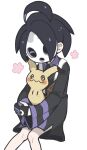  1boy ahoge allister_(pokemon) black_hair black_shirt black_shorts closed_eyes collared_shirt gloves highres himawari_(kawaisounaedesu) holding holding_pokemon knees knees_together_feet_apart long_sleeves male_focus mask mimikyu partially_fingerless_gloves pokemon pokemon_(creature) pokemon_(game) pokemon_swsh shirt short_hair shorts side_slit side_slit_shorts simple_background suspender_shorts suspenders white_background 