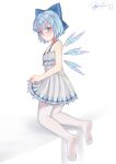  1girl absurdres alternate_costume bare_shoulders barefoot blue_eyes blue_hair blush bow circled_9 cirno dress eyebrows_behind_hair feet flat_chest from_side full_body hair_bow highres ice ice_wings kneeling littiecy looking_at_viewer looking_back pantyhose short_hair simple_background smile soles solo toes touhou white_background white_legwear wings 