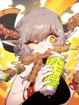  +_+ 1girl bangs breasts can condensation drink eating food food_in_mouth grey_hair highres meat one_eye_closed orange_eyes original pointy_ears solo ssambatea upper_body 