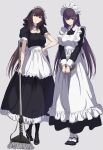  2girls alternate_costume apron black_dress breasts dress enmaided fate/grand_order fate_(series) frilled_apron frilled_dress frills hair_between_eyes headpiece highres holding holding_tray ichi_yoshida large_breasts long_hair looking_at_viewer maid maid_apron maid_headdress mop multiple_girls puffy_short_sleeves puffy_sleeves purple_hair red_eyes scathach_(fate) scathach_skadi_(fate) short_sleeves smile tray very_long_hair waist_apron white_apron wrist_cuffs 