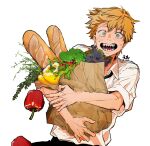  1boy bag bell black_necktie black_pants blonde_hair bread broccoli chainsaw_man collared_shirt denji_(chainsaw_man) food highres looking_at_viewer necktie open_mouth pants pepper sharp_teeth shirt shirt_tucked_in shopping_bag short_hair simple_background sleeves_rolled_up solo tasuketemama teeth white_background white_shirt yellow_eyes 