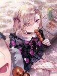  2boys bangs black_hair blonde_hair blush bottle cherry_blossoms choker crossdressing crossed_legs dango eating fishnet_legwear fishnets food frills highres lolita_fashion male_focus multiple_boys original otoko_no_ko petals sitting tyuraba violet_eyes wagashi 