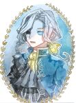  1boy ascot black_sclera blue_eyes blue_jacket border character_request colored_sclera commentary_request copyright_request grey_hair highres iwai_ku_tsuki jacket long_hair looking_at_viewer male_focus mismatched_sclera painting_(medium) parted_lips solo traditional_media upper_body watercolor_(medium) white_border yellow_ascot 