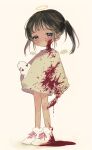  1girl absurdres angel angel_wings bangs bare_legs blood blood_on_clothes blood_on_face blood_on_knife blood_splatter blush brown_hair child closed_mouth detached_wings expressionless film_grain full_body grey_eyes halo highres holding holding_knife ishita_umi knife long_sleeves looking_at_viewer medium_hair mini_wings original puddle rabbit shirt shoelaces shoes simple_background solo standing twintails white_background white_footwear wings yellow_shirt 