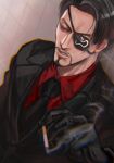  1boy aomi_nekosuki black_gloves black_hair black_necktie black_suit cigarette eyepatch facial_hair formal gloves goatee highres holding holding_cigarette lips long_sleeves looking_down majima_gorou male_focus mature_male necktie no_bangs one_eye_covered red_shirt ryuu_ga_gotoku ryuu_ga_gotoku_3 shirt smoke smoking solo suit symbol-only_commentary v-shaped_eyebrows 