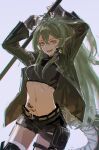 1girl antenna_hair arknights arms_up bangs black_bag black_shorts breasts cowboy_shot crocodilian_tail fang gavial_(arknights) gloves green_hair grey_background hair_between_eyes highres jacket leather leather_jacket long_hair looking_at_viewer midriff navel open_mouth oripathy_lesion_(arknights) pointy_ears roncele shorts simple_background small_breasts smile solo tail thigh_pouch thigh_strap v-shaped_eyebrows very_long_hair yellow_eyes