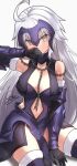  1girl absurdres ahoge armor black_legwear blush breasts chain clothing_cutout elbow_gloves fate/grand_order fate_(series) faulds fur-trimmed_gloves fur-trimmed_legwear fur_trim gloves headpiece highres jeanne_d&#039;arc_alter_(fate) large_breasts long_hair navel navel_cutout silver_hair solo thigh-highs vambraces very_long_hair yellow_eyes z.m._(school913102) 