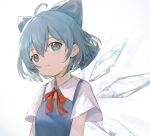  1girl bangs blue_dress blue_eyes blue_hair blush bow cirno collared_shirt commentary dress eyebrows_visible_through_hair hair_between_eyes hair_bow highres ice ice_wings looking_at_viewer neck_ribbon red_ribbon ribbon shirt short_hair short_sleeves simple_background siyumu solo touhou upper_body white_background white_shirt wings 