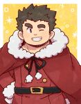  1boy alternate_costume blush cape chibi cowboy_shot fur-trimmed_cape fur_trim gg_ths_lah grin male_focus master_3_(housamo) one_eye_closed red_cape santa_costume short_hair sideburns smile solo spiky_hair thick_eyebrows tokyo_afterschool_summoners 