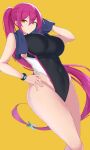  1girl absurdres black_swimsuit breasts character_request commission competition_swimsuit copyright_request cowboy_shot highleg highleg_swimsuit highres large_breasts long_hair looking_at_viewer maruyaa_(malya1006) one-piece_swimsuit purple_hair skeb_commission solo standing swimsuit towel wristband yellow_background yellow_eyes 