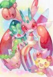  :d blush cherrim cherubi closed_mouth commentary_request evolutionary_line fomantis happy highres hoppip looking_at_viewer lurantis no_humans open_mouth pokemon pokemon_(creature) smile tongue yamanashi_taiki yellow_eyes 