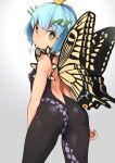  1girl antennae aqua_hair black_leotard brown_eyes butterfly_wings closed_mouth cowboy_shot eternity_larva fairy gradient gradient_background hair_between_eyes highres huxiao_(mistlakefront) leaf leaf_on_head leotard looking_back short_hair signature solo touhou wings 