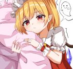  1girl blonde_hair blush bow crystal flandre_scarlet ghost hat hat_ribbon highres kiui_(dagk8254) long_hair mob_cap object_hug pillow pillow_hug puffy_short_sleeves puffy_sleeves red_bow red_eyes red_ribbon red_skirt red_vest ribbon scared shirt short_hair short_sleeves simple_background skirt solo tears touhou vest wings 