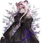  1girl absurdres animal_ears arknights bangs black_dress black_hairband breasts brown_eyes closed_mouth cowboy_shot dress eyebrows_behind_hair hairband highres juliet_sleeves layered_dress leaf leaf_background lin_yuhsia_(arknights) long_hair long_sleeves looking_at_viewer medium_breasts mouse_ears pink_hair ponytail puffy_sleeves sidelocks skirt_hold solo tamashii-s white_background wide_sleeves 