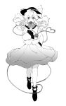  1girl covered_mouth floating_hair flower frills full_body greyscale hat heart heart_of_string highres holding holding_flower komeiji_koishi long_hair long_sleeves looking_at_viewer monochrome natsume_(menthol) rose shirt simple_background skirt solo third_eye touhou white_background wide_sleeves 