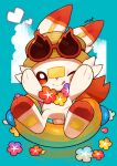  :q absurdres afloat closed_mouth commentary_request eyewear_on_headwear hat hatted_pokemon heart highres innertube looking_at_viewer minamo_(pixiv17726065) no_humans one_eye_closed pokemon pokemon_(creature) scorbunny smile solo sunglasses tongue tongue_out yellow_headwear 