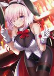  1girl animal_ears bar bow breasts fate/grand_order fate_(series) gloves hair_over_one_eye highres large_breasts mash_kyrielight neko_daruma pantyhose pink_hair playboy_bunny rabbit_ears short_hair smile table thigh-highs violet_eyes white_gloves 